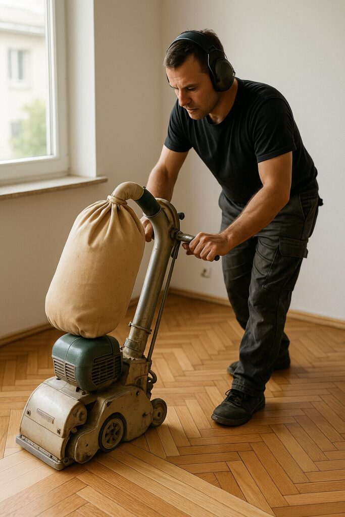 Tomasz Łągiewka podczas bezpyłowego cyklinowania parkietów i podłóg w Bełchatowie