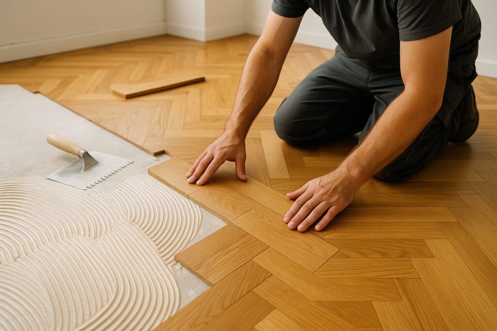 Tomasz Łągiewka podczas układania parkietu lub podłogi