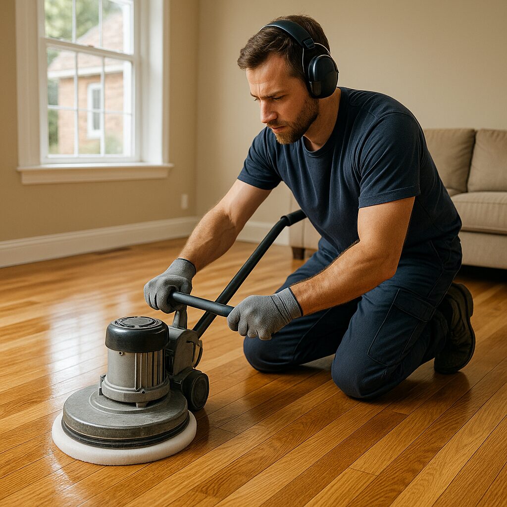 Tomasz Łągiewka lakierujący parkiet w Bełchatowie