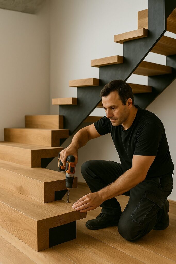 Tomasz Łągiewka montujący schody w Bełchatowie